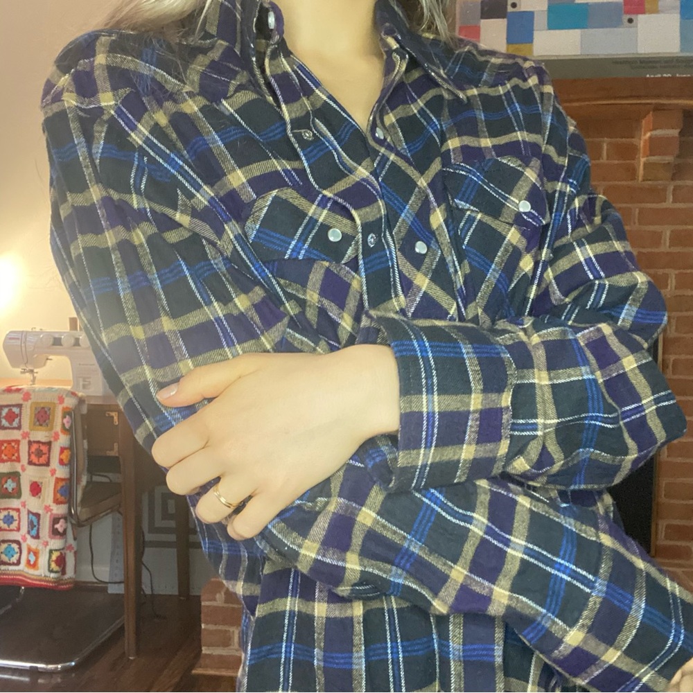 Y2K Wrangler Pearl Snap Oversized Menswear Western Boyfriend Flannel Uni… - Picture 5 of 12